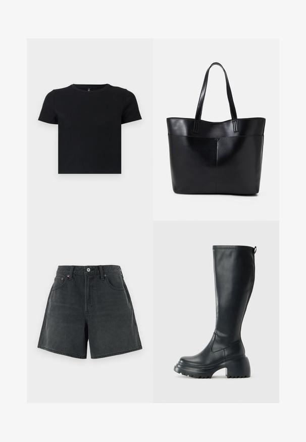 Black short-sleeve t-shirt made from soft cotton. Features a round neckline and a fitted design. Smooth texture without patterns or accents.; Denim shorts in dark gray, featuring a high waist, classic five-pocket design, and a clean, straight cut with a slightly faded texture.; Tall black leather boot with chunky platform sole and block heel, featuring pull tab and textured tread on outsole.; Black leather tote bag with two long handles, a smooth texture, and a structured shape. Features a front pocket for additional storage.