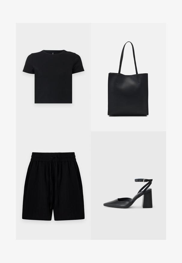 T-shirt nera a maniche corte realizzata in cotone morbido. Presenta un collo rotondo e un design aderente. Texture liscia senza motivi o dettagli.; Pantaloni corti neri realizzati in un tessuto leggero con una vita regolabile tramite cordoncino, dotati di tasche laterali e una superficie testurizzata.; Pump in pelle nera con punta affusolata, cinturino alla caviglia e tacco spesso. Texture piatta, design elegante ed estetica minimalista.; Borsa tote in pelle nera con texture liscia, forma rettangolare e due manici lunghi. Nessun hardware o decorazione visibile.