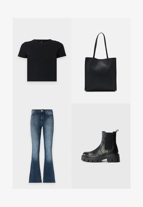 Fekete, rövid ujjú póló, puha pamutból készült. Kerek nyakkivágással és testhezálló kialakítással rendelkezik. Sima textúra, minta vagy díszítések nélkül.; Kék denim, széles szárú farmernadrág közepes derékkal, elhalványult felülettel és hagyományos öt zsebes kialakítással. Puha tapintás és finom varrási részletek.; Fekete bőr bokacsizma rugalmas oldalpanellal, vastag profilú talppal és húzófüllel, világosszürke háttér előtt, oldalnézet.; Fekete bőrtáska sima felszínnel, téglalap alakú, két hosszú füllel. Nincs látható fémkiegészítő vagy díszítés.