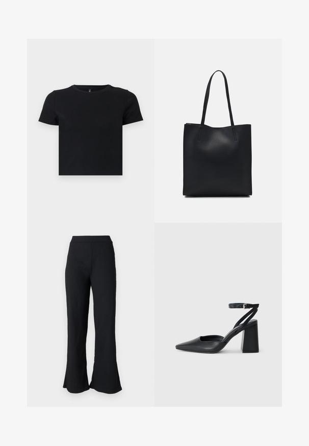 T-shirt preto de manga curta feito de algodão suave. Apresenta um decote redondo e um design ajustado. Textura suave sem padrões ou detalhes.; Calças pretas, texturizadas, com um cós ajustado. O tecido apresenta um ligeiro efeito de serrilha, alargando-se na bainha para um ajuste descontraído.; Sandal com biqueira afilada em couro preto, com cinta no tornozelo e salto grosso. Textura lisa, design elegante e estética minimalista.; Bolsa tote preta em couro com textura lisa, forma retangular e duas alças longas. Sem hardware ou enfeites visíveis.