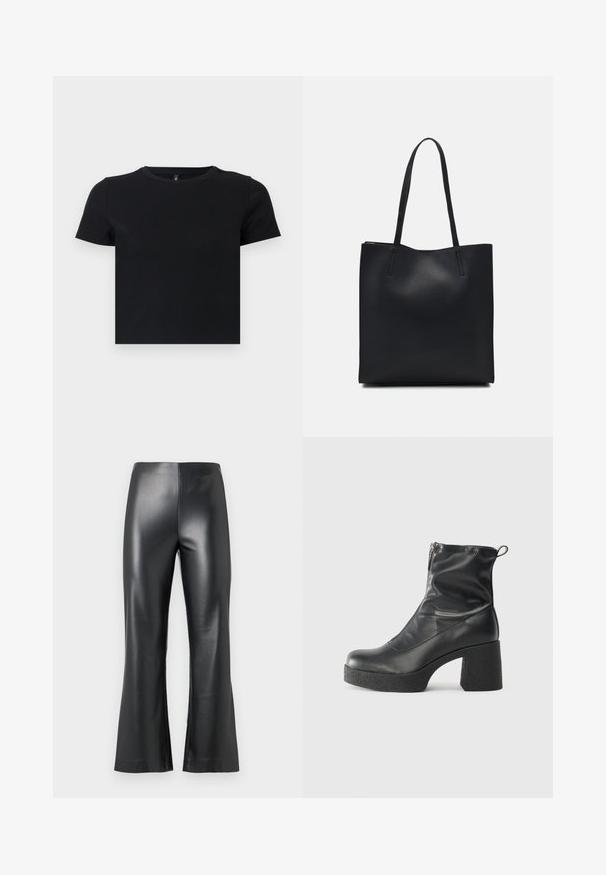 Fekete, rövid ujjú póló, puha pamutból készült. Kerek nyakkivágással és testhezálló kialakítással rendelkezik. Sima textúra, minta vagy díszítések nélkül.; Fekete műbőr nadrág, haranglábas kialakítással, sima, fényes felülettel és magas derékkal. Egyszerű és elegáns megjelenés.; Fekete bokacsizmák sima bőrből, oldalsó cipzárral, vastag, texturált sarkú és lekerekített orrú dizájnnal.; Fekete bőrtáska sima felszínnel, téglalap alakú, két hosszú füllel. Nincs látható fémkiegészítő vagy díszítés.