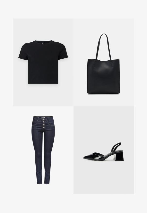 Čierne tričko s krátkym rukávom vyrobené z mäkkého bavlneného materiálu. Má okrúhly výstrih a priliehavý strih. Hladká textúra bez vzorov alebo akcentov.; Tmavomodré úzke džínsy vyrobené z denimu. Obsahujú päť gombíkov na prednom zapínaní, predné vrecká a priliehavý strih s jemným elastanom.; Čierne lakované kožené sandálové podpätky s špicatou špičkou a geometrickým blokovým podpätkom. Disponujú elegantným, minimalistickým dizajnom a hladkým povrchom.; Čierna kožená taška na rameno s hladkým povrchom, obdĺžnikovým tvarom a dvoma dlhými uchami. Bez viditeľného kovania alebo ozdôb.