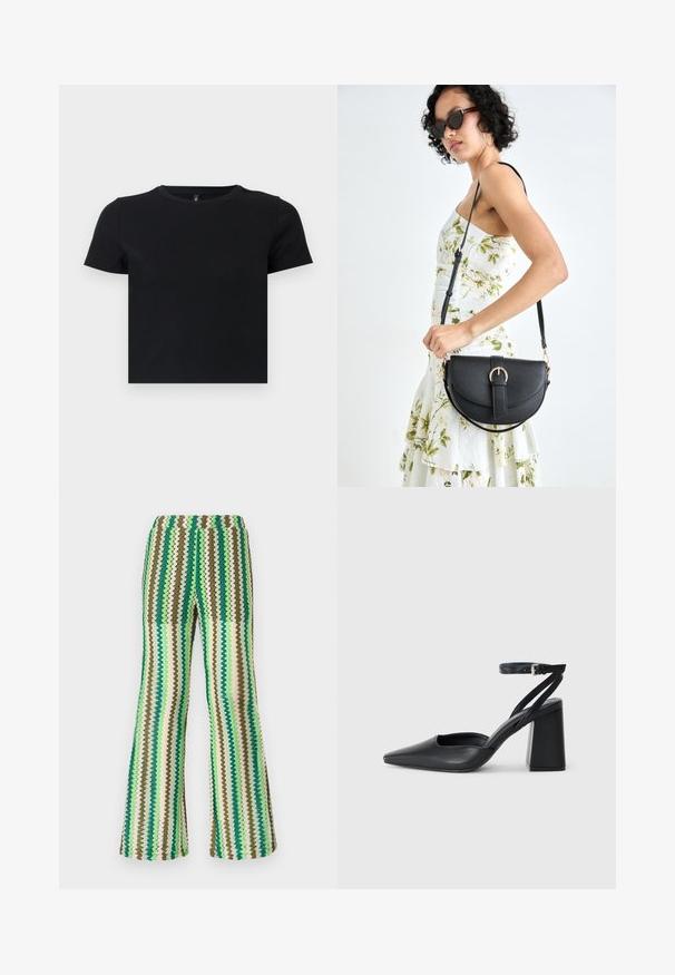 Čierne tričko s krátkym rukávom vyrobené z mäkkého bavlneného materiálu. Má okrúhly výstrih a priliehavý strih. Hladká textúra bez vzorov alebo akcentov.; Pletené rozšírené nohavice s cik-cak vzorom v odtieňoch zelenej, hnedej a krémovej; elastický pás; textúrovaný povrch.; Čierne kožené lodičky s špicatou špičkou a členkovým remienkom, s masívnym podpätkom. Hladký povrch, elegantný dizajn a minimalistická estetika.; Čierna kožená kabelka s zaobleným tvarom, odnímateľným popruhom a zlatými doplnkami. Kabelka má klopu s detailom s prackou.