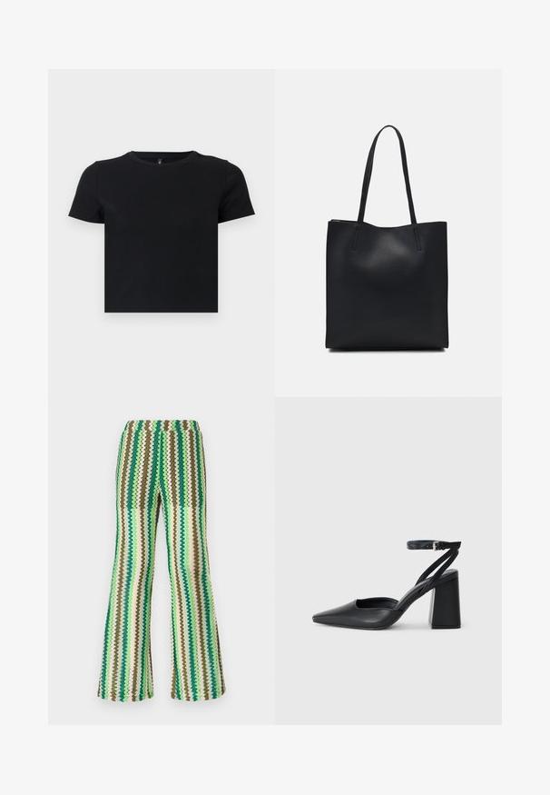 Črna majica s kratkimi rokavi, izdelana iz mehke bombažne tkanine. Ima okroglo ovratnico in oprijet kroj. Gladka tekstura brez vzorcev ali dodatkov.; Pletene hlače s širokim krojem, ki vsebujejo zigzag vzorec v odtenkih zelene, rjave in kremne barve; elastičen pas; teksturirana površina.; Črne usnjene klasične čevlje z ostrim nosom, z zaponko za gleženj in debelim peto. Ravna tekstura, eleganten dizajn in minimalistična estetika.; Črna usnjena torba s svilnato teksturo, pravokotne oblike in dvema dolgima ročajema. Brez vidnih metalnih delov ali okrasnih elementov.