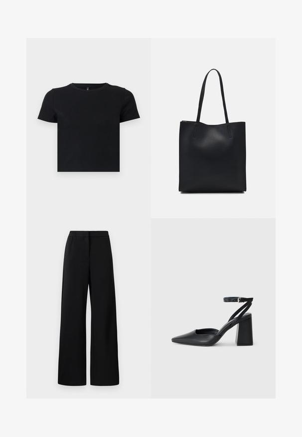 Juoda trumpomis rankovėmis marškinėliai, pagaminti iš švelnios medvilnės. Turi apvalų kaklą ir prigludusį dizainą. Lygi tekstūra be raštų ar akcentų.; Juodos plačios kelnės su elastinga juostos dalimi ir plokščiu priekiu, sukurtos laisvam ir patogiam prigludimui.; Juoda odinė smailiagalė aukštakulnio bateliai su kulkšnies dirželiu ir storu kulnu. Lygus paviršius, elegantiškas dizainas ir minimalistiška estetinė. ; Juodas odinis tote krepšys su lygia tekstūra, stačiakampio formos ir dviem ilgais rankenomis. Matomų metalinių detalių ar puošybos nėra.