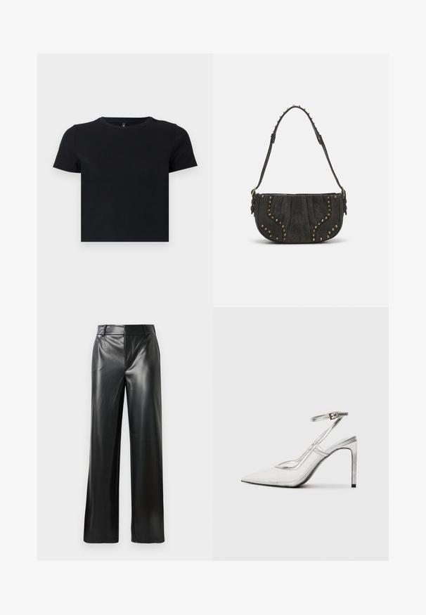 Melnas īsām piedurknēm T-krekls, kas izgatavots no mīkstas kokvilnas. Ievietota apaļa kakla izgriezums un pieguļošs dizains. Gluda tekstūra bez rakstiem vai akcensiem.; Melnas ādas platās bikses ar gludu tekstūru, ar vidēji augstu jostasvietu un smalkām priekšējām krokām.; Caurs stiletto papēžu kurpes ar norādītu pirkstu, caurspīdīgu materiālu, metāliskas sudraba akcentus un regulējamu potītes siksniņu.; Melna zamša soma ar izliekumu, ar kniedēm un teksturētu virsmu. Regulējams siksna ar izšuvumiem gar maliņu.