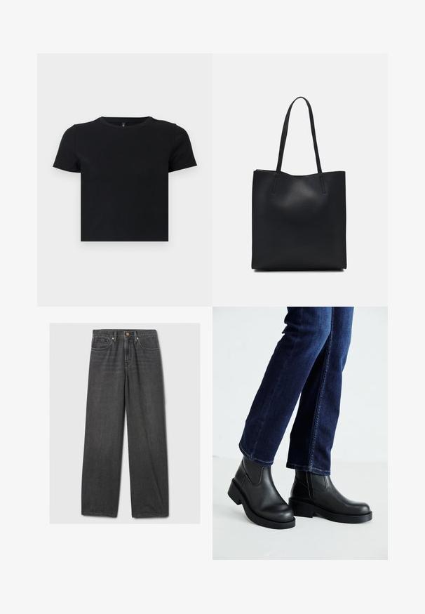 Μαύρο κοντομάνικο μπλουζάκι φτιαγμένο από μαλακό βαμβάκι. Διαθέτει στρογγυλή λαιμόκοψη και εφαρμοστή σχεδίαση. Λείος υφασμάτινος ιστός χωρίς μοτίβα ή αξεσουάρ.; Μαύρα τζιν παντελόνια κατευθείαν πόδι από τζιν, με πέντε τσέπες, χάλκινους ραφές και καθαρό στρίφωμα χωρίς ορατά σχέδια ή φθορές.; Μαύρες δερμάτινες μπότες μέχρι τον αστράγαλο με χοντρή σόλα και ελαστικές πλαϊνές επιφάνειες, συνδυασμένες με σκούρα μπλε τζιν. Το έδαφος είναι ανοιχτού χρώματος.; Μαύρη δερμάτινη τσάντα tote με λείο υφή, ορθογώνιο σχήμα και δύο μακριές λαβές. Χωρίς ορατό υλικό ή διακοσμητικά στοιχεία.