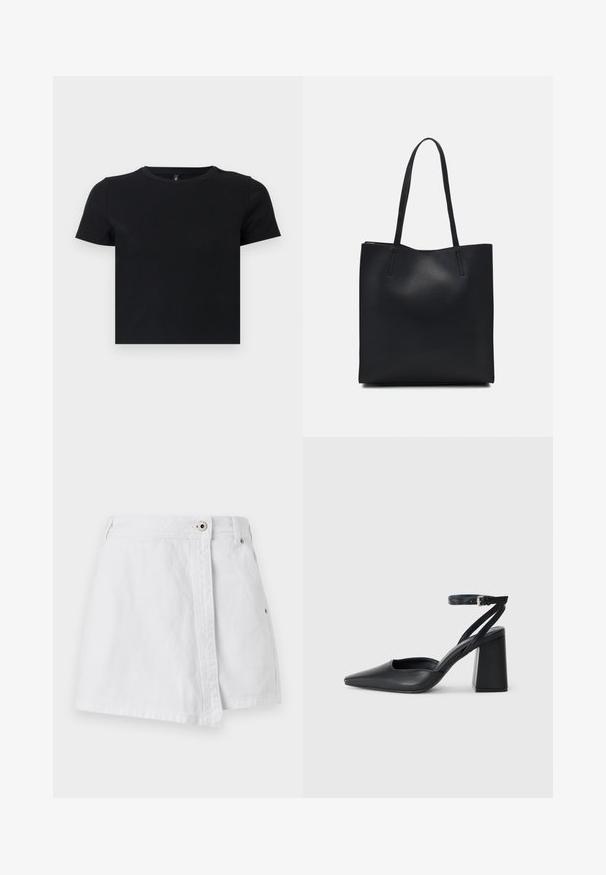 Melnas īsām piedurknēm T-krekls, kas izgatavots no mīkstas kokvilnas. Ievietota apaļa kakla izgriezums un pieguļošs dizains. Gluda tekstūra bez rakstiem vai akcensiem.; Balta džinsu mini svārki ar priekšējo pogu aizdari, taisnu griezumu un smalku dūrienu detaļu. Ievērojama tīra, gluda tekstūra.; Melna ādas augstpapēžu kurpe ar norakstīto purngala formu, potītes siksniņu un masīlu papēdi. Gluda tekstūra, elegants dizains un minimālisma estētika.; Melnas ādas somiņa ar gludu tekstūru, taisnstūra formu un divām garām rokturiem. Nav redzamu aparatūras vai rotājumu.