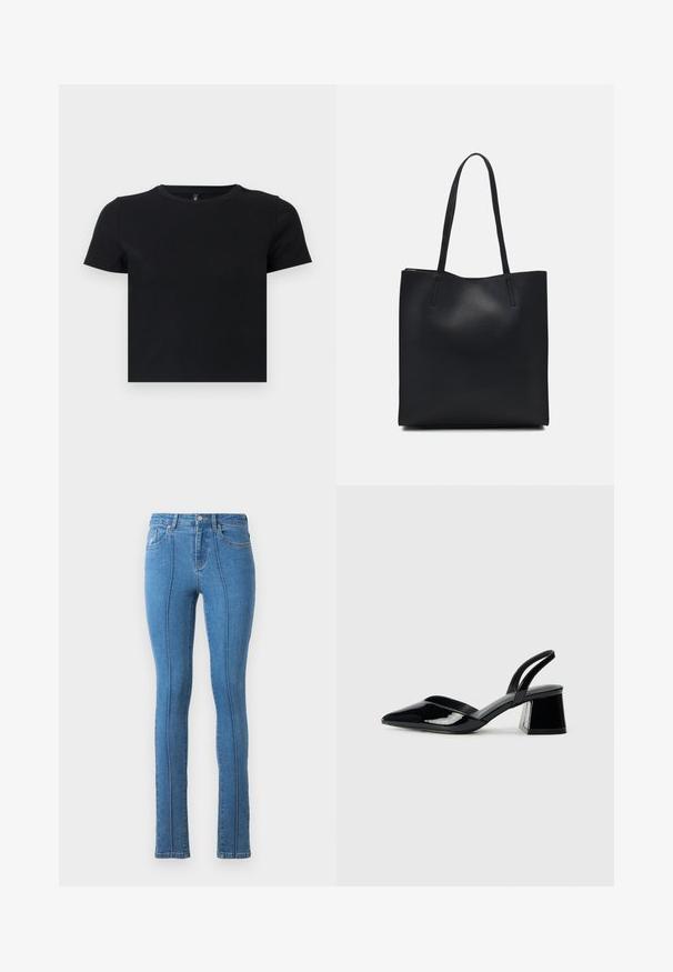 Camiseta negra de manga corta hecha de algodón suave. Presenta un escote redondo y un diseño ajustado. Textura lisa sin patrones ni acentos.; Jeans de mezclilla azul con un diseño ajustado de cintura alta, que presentan líneas de costura vertical y bolsillos estándar.; Zapatos de tacón slingback de charol negro con punta afilada y tacón geométrico en bloque. Presentan un diseño elegante y minimalista, así como una textura suave.; Bolso tote de cuero negro con textura lisa, forma rectangular y dos asas largas. Sin herrajes ni adornos visibles.