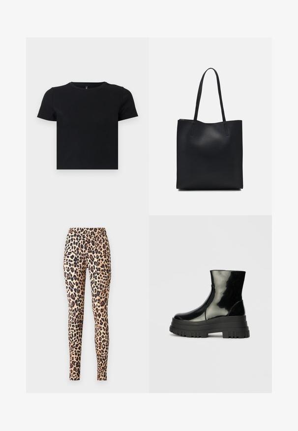 Sort t-shirt med korte ærmer lavet af blødt bomuld. Har en rund halskrave og en tætsiddende pasform. Glat tekstur uden mønstre eller detaljer.; ONLY ONLKIM - Leggings - cuban sand; Sort, blanklækkert ankelstøvle med tyk sål og rund tå, set fra siden på en ensartet lys grå baggrund.; Sort læder tote taske med glat tekstur, rektangulær form og to lange hanke. Ingen synlig hardware eller udsmykninger.
