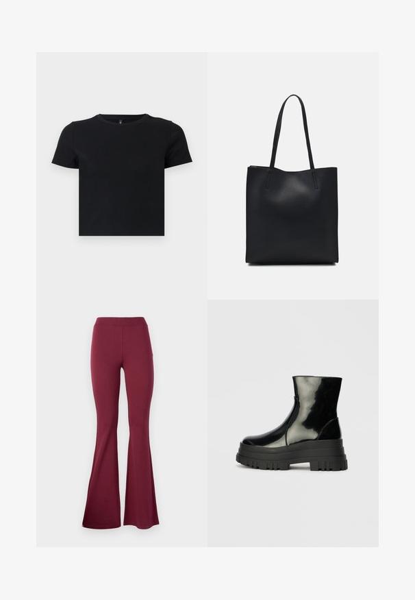Black short-sleeve t-shirt made from soft cotton. Features a round neckline and a fitted design. Smooth texture without patterns or accents.; Maroon flared leggings made of stretchy fabric. Features a high waistband and smooth texture, with flared hems for a wider fit at the bottom.; Black glossy ankle boot with thick lug sole and rounded toe, side view on plain light gray background.; Black leather tote bag with smooth texture, rectangular shape, and two long handles. No visible hardware or embellishments.