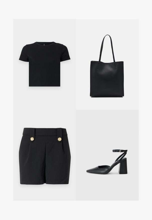 T-shirt nera a maniche corte realizzata in cotone morbido. Presenta un collo rotondo e un design aderente. Texture liscia senza motivi o dettagli.; Pantaloni corti neri con un design su misura, caratterizzati da bottoni decorativi color oro e una texture liscia. Senza tasche o cuciture visibili.; Pump in pelle nera con punta affusolata, cinturino alla caviglia e tacco spesso. Texture piatta, design elegante ed estetica minimalista.; Borsa tote in pelle nera con texture liscia, forma rettangolare e due manici lunghi. Nessun hardware o decorazione visibile.