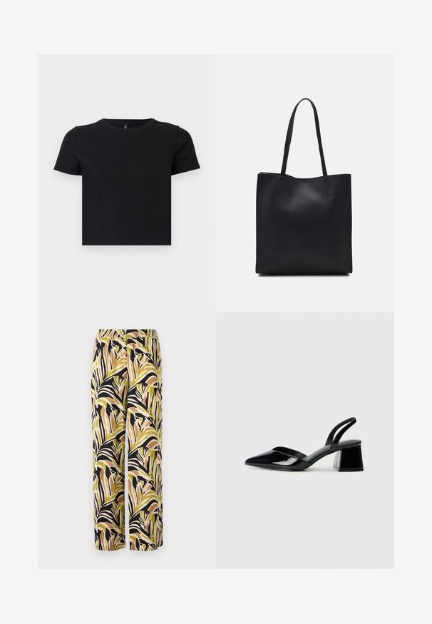 Black short-sleeve t-shirt made from soft cotton. Features a round neckline and a fitted design. Smooth texture without patterns or accents.; Wide-leg trousers featuring a tropical leaf pattern in green, black, and brown, made from lightweight fabric with an elastic waistband.; Black patent leather slingback heels with a pointed toe and a geometric block heel. Features a sleek, minimal design and smooth texture.; Black leather tote bag with smooth texture, rectangular shape, and two long handles. No visible hardware or embellishments.