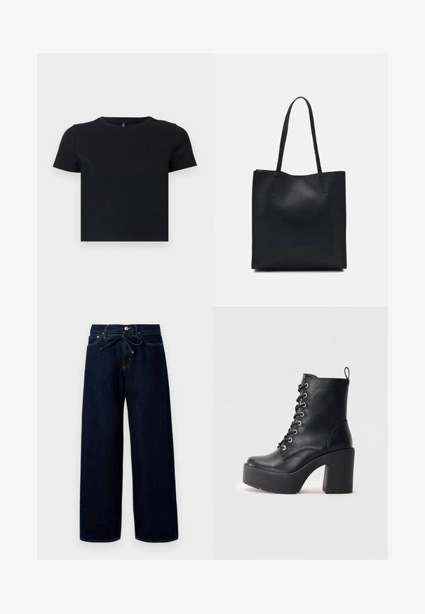 Tricou negru cu mânecă scurtă, fabricat din bumbac moale. Dispune de un guler rotund și un design ajustat. Textură netedă, fără modele sau accente.; Jeans largi de culoare albastru închis, confecționați din denim, cu închidere frontală cu nasture și talie cu șnur, având detalii de cusături în contrast.; Cizmă din piele neagră până la gleznă, cu toc chunky și un aspect texturat, având sistem de prindere cu șireturi în partea din față. Include o bandă în spate pentru o purtare ușoară.; Geantă tote neagră din piele, cu textură netedă, formă rectangulară și două mânere lungi. Fără hardware vizibil sau ornamente.