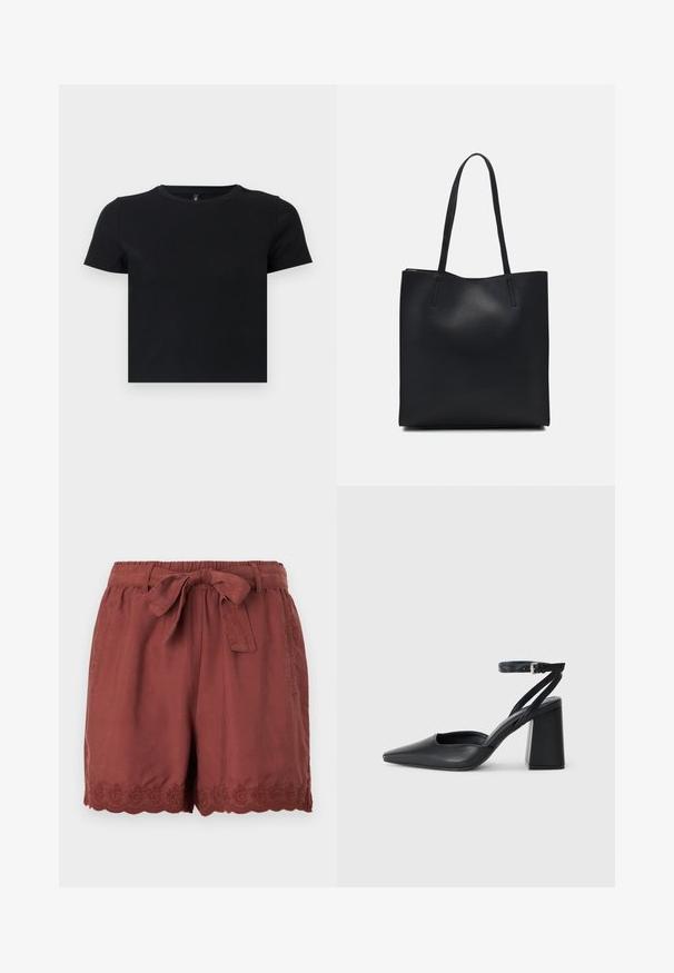 Juoda trumpomis rankovėmis marškinėliai, pagaminti iš švelnios medvilnės. Turi apvalų kaklą ir prigludusį dizainą. Lygi tekstūra be raštų ar akcentų.; Rudai spalvos šortai, pagaminti iš lengvos medžiagos, su elastine juosta ir raišteliu, bei sudėtingu bangų raštu siuvinėjimu apatinėje dalyje.; Juoda odinė smailiagalė aukštakulnio bateliai su kulkšnies dirželiu ir storu kulnu. Lygus paviršius, elegantiškas dizainas ir minimalistiška estetinė. ; Juodas odinis tote krepšys su lygia tekstūra, stačiakampio formos ir dviem ilgais rankenomis. Matomų metalinių detalių ar puošybos nėra.