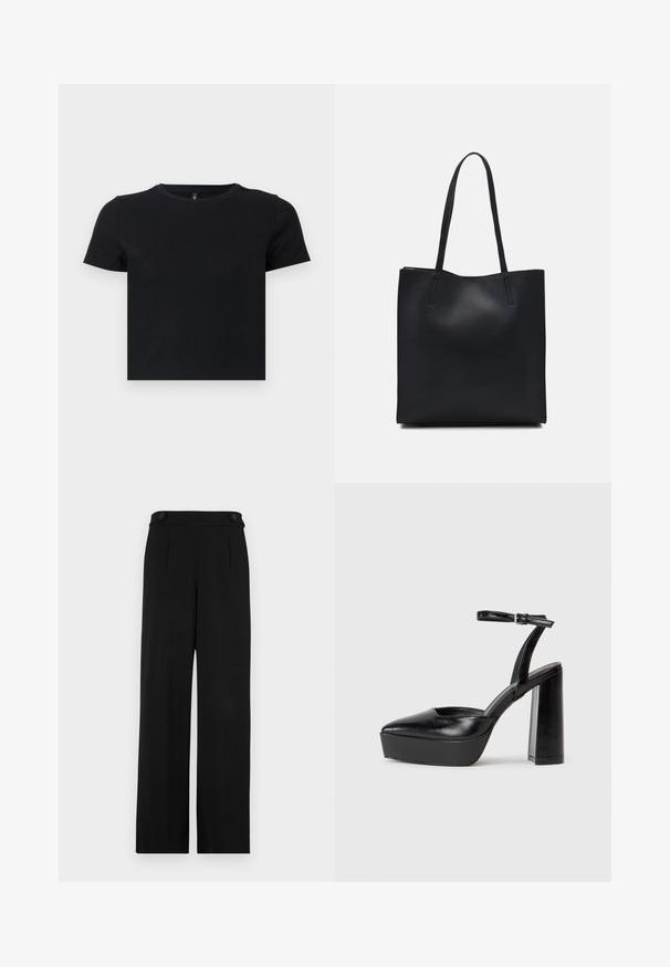 Crna majica s kratkim rukavima napravljena od mekanog pamuka. Ima okrugli izrez i pripijen kroj. Glatka tekstura bez uzoraka ili naglasaka.; Crne široke hlače s ravnim prednjim dijelom, dva dugmeta na struku i glatkom teksturom tkanine. Prilagođeni kroj s plitkim nabranim detaljima za oblik.; Crne platforme s potpeticom s oštrim vrhom i podešivom naramenicom. Izrađene od glatke kože, s masivnom blok petom.; Crna kožna torba za nošenje s glatkom teksturom, pravokutnim oblikom i dvije duge ručke. Nema vidljivih metalnih dijelova ili ukrasa.