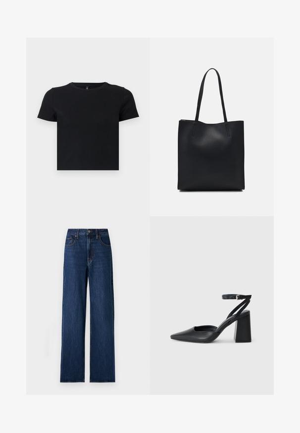 Crna majica s kratkim rukavima napravljena od mekanog pamuka. Ima okrugli izrez i pripijen kroj. Glatka tekstura bez uzoraka ili naglasaka.; Tamno plave široke traperice od denima. Imaju visok struk, pet džepova, kopčanje na dugme i munje, te kontrastne šavove.; Crne kožne cipele s špicastim vrhom, remenom oko gležnja i debelim potplatom. Ravna tekstura, elegantan dizajn i minimalistička estetika.; Crna kožna torba za nošenje s glatkom teksturom, pravokutnim oblikom i dvije duge ručke. Nema vidljivih metalnih dijelova ili ukrasa.