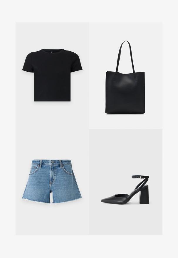 T-shirt noir à manches courtes en coton doux. Avec un col rond et un design ajusté. Texture lisse sans motifs ni détails.; Shorts en denim taille haute de couleur bleu clair. Avec un ourlet effiloché et cinq poches. Design classique avec des rivets en cuivré et une fermeture à bouton à l'avant.; Escarpin noir en cuir à bout pointu avec une bride de cheville et un talon épais. Texture lisse, design élégant et esthétique minimaliste.; Sac fourre-tout en cuir noir avec une texture lisse, de forme rectangulaire et deux longues poignées. Pas de matériel ou d'ornementations visibles.