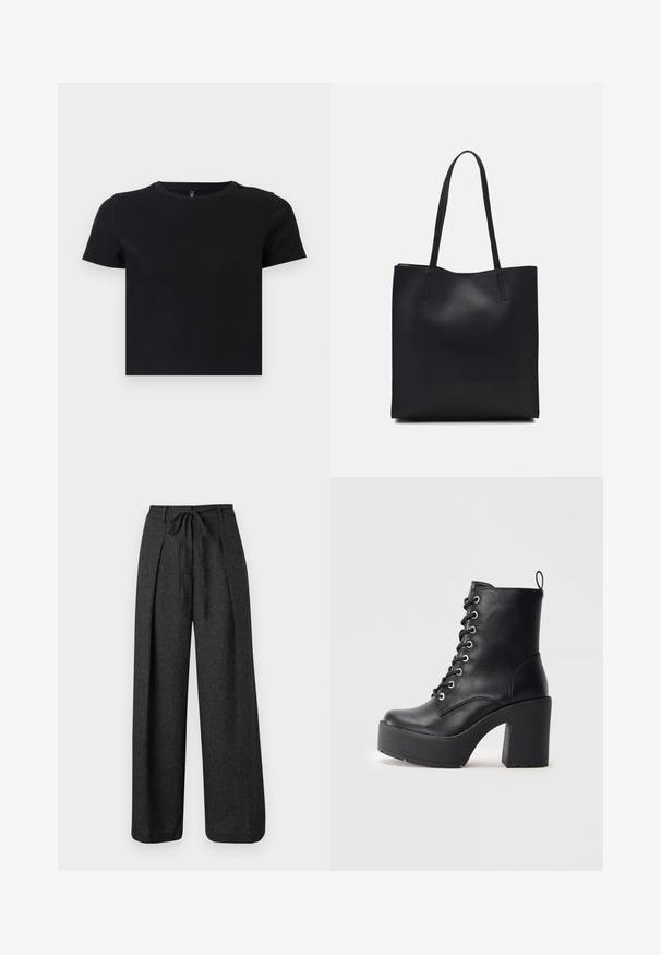 Juoda trumpomis rankovėmis marškinėliai, pagaminti iš švelnios medvilnės. Turi apvalų kaklą ir prigludusį dizainą. Lygi tekstūra be raštų ar akcentų.; Platus kojos kelnės tamsiai pilkos spalvos audinyje, su raukiniais priekyje ir surišamu juosmens uždarymu. Minkšta tekstūra, minimalistinis dizainas.; Juodas odinis kulkšninis botas su masyviu padu, raišteliais priekyje ir tekstūruota paviršiumi. Ant jo užpakalinės pusės yra kilpytė, skirta patogiam užsidėjimui.; Juodas odinis tote krepšys su lygia tekstūra, stačiakampio formos ir dviem ilgais rankenomis. Matomų metalinių detalių ar puošybos nėra.