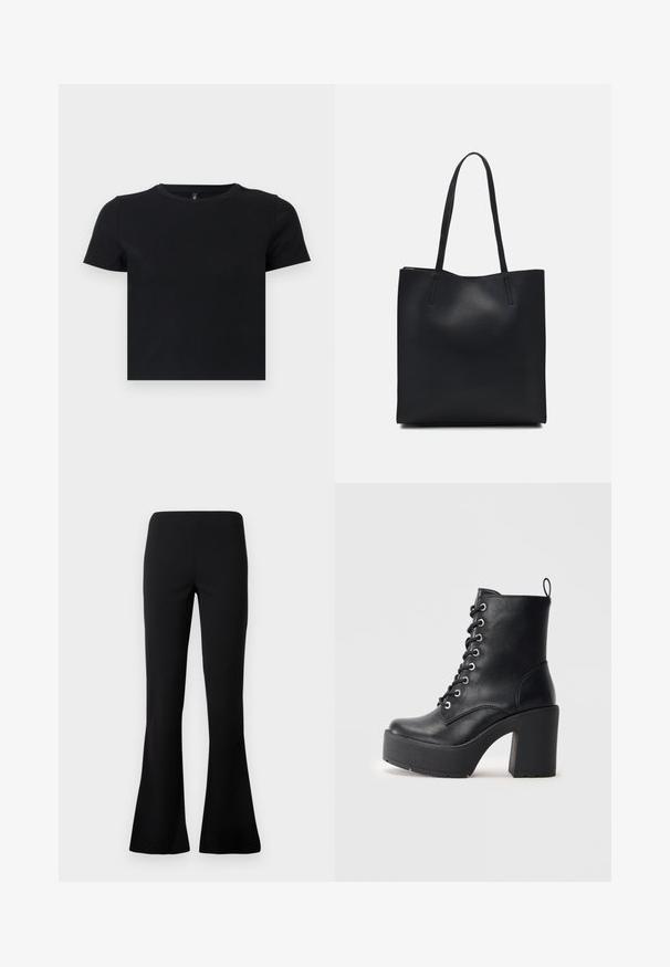 Črna majica s kratkimi rokavi, izdelana iz mehke bombažne tkanine. Ima okroglo ovratnico in oprijet kroj. Gladka tekstura brez vzorcev ali dodatkov.; Črne hlače visoke pasu z oprijetim zgornjim delom in razširjenimi nogami, prikazane na enobarvni beli podlagi.; Črne usnjene gležnjarje z masivnim blokom, vezalkami na sprednji strani in teksturirano površino. Imajo zanko na zadnji strani za enostavno obuvanje.; Črna usnjena torba s svilnato teksturo, pravokotne oblike in dvema dolgima ročajema. Brez vidnih metalnih delov ali okrasnih elementov.