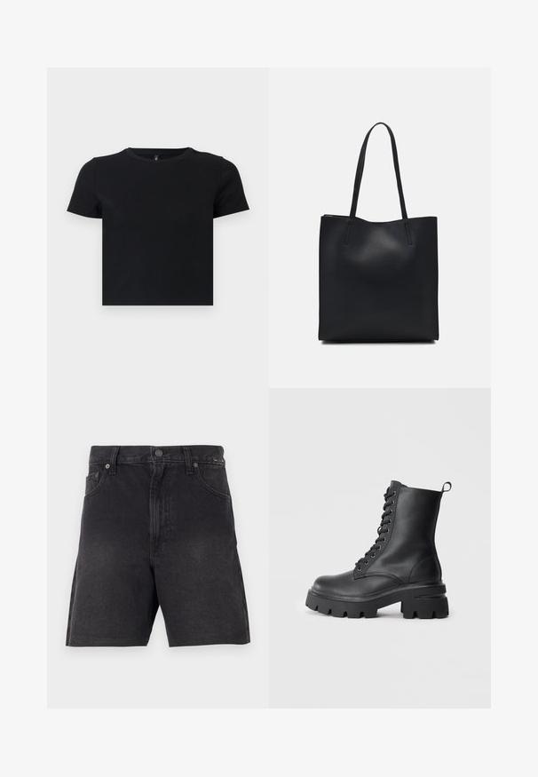 T-shirt nera a maniche corte realizzata in cotone morbido. Presenta un collo rotondo e un design aderente. Texture liscia senza motivi o dettagli.; Bermuda in denim nero con taglio dritto, dotate di chiusura con bottone, tasche frontali e tessuto testurizzato. Design minimalista, senza motivi visibili.; Stivali neri in pelle con lacci, suola spessa, punta arrotondata e parte superiore texturizzata. Presentano occhielli in metallo e una piccola linguetta sul retro.; Borsa tote in pelle nera con texture liscia, forma rettangolare e due manici lunghi. Nessun hardware o decorazione visibile.