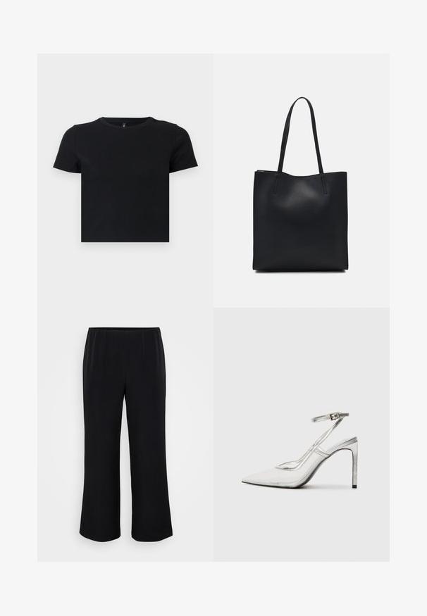 Fekete, rövid ujjú póló, puha pamutból készült. Kerek nyakkivágással és testhezálló kialakítással rendelkezik. Sima textúra, minta vagy díszítések nélkül.; Fekete, bő szárú nadrág sima anyagból, rugalmas derékkal. Egyszerű dizájn, minta vagy látható kiegészítők nélkül.; Áttetsző anyagú, hegyes orrú, tiszta stiletto sarokcipő, fémes ezüst díszítéssel és állítható bokahevederrel.; Fekete bőrtáska sima felszínnel, téglalap alakú, két hosszú füllel. Nincs látható fémkiegészítő vagy díszítés.