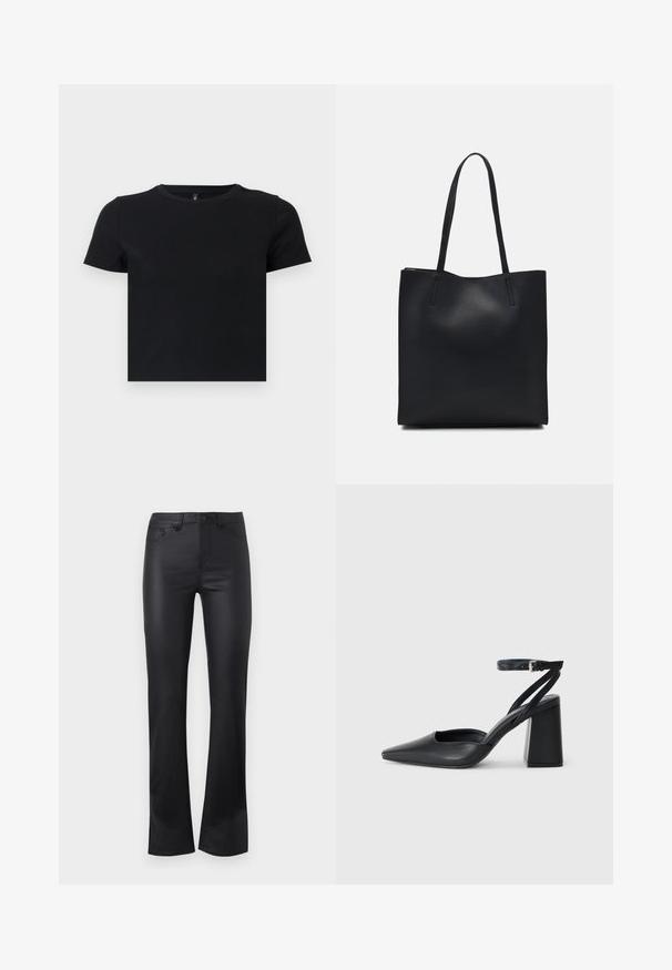 Crna majica s kratkim rukavima napravljena od mekanog pamuka. Ima okrugli izrez i pripijen kroj. Glatka tekstura bez uzoraka ili naglasaka.; Crne razširene traperice iz gladkega materiala, ki imajo sprednji gumb za zapiranje, pet žepov in subtilne detajle šivanja.; Crne kožne cipele s špicastim vrhom, remenom oko gležnja i debelim potplatom. Ravna tekstura, elegantan dizajn i minimalistička estetika.; Crna kožna torba za nošenje s glatkom teksturom, pravokutnim oblikom i dvije duge ručke. Nema vidljivih metalnih dijelova ili ukrasa.