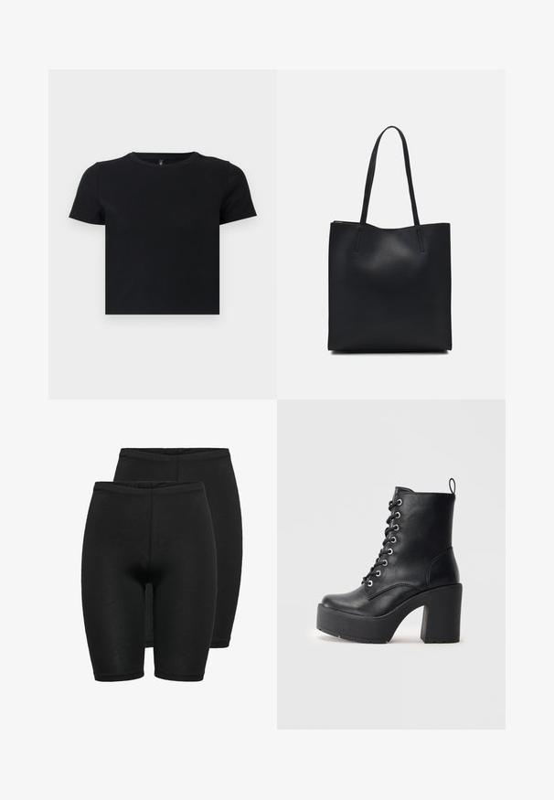 Črna majica s kratkimi rokavi, izdelana iz mehke bombažne tkanine. Ima okroglo ovratnico in oprijet kroj. Gladka tekstura brez vzorcev ali dodatkov.; Dve pare črnih kompresijskih hlačic, izdelanih iz raztegljive tkanine, z gladko teksturo, elastičnim pasom in oprijetim krojem.; Črne usnjene gležnjarje z masivnim blokom, vezalkami na sprednji strani in teksturirano površino. Imajo zanko na zadnji strani za enostavno obuvanje.; Črna usnjena torba s svilnato teksturo, pravokotne oblike in dvema dolgima ročajema. Brez vidnih metalnih delov ali okrasnih elementov.