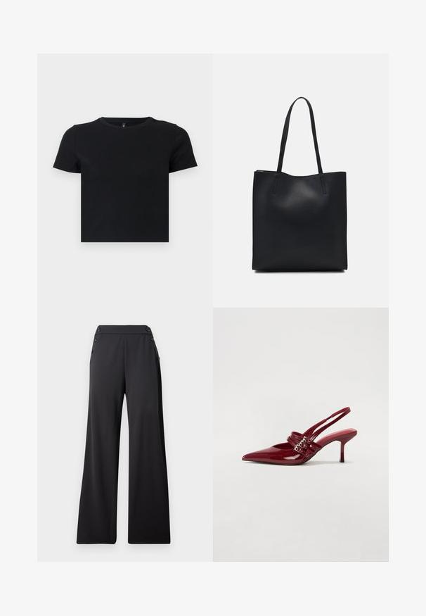 Melnas īsām piedurknēm T-krekls, kas izgatavots no mīkstas kokvilnas. Ievietota apaļa kakla izgriezums un pieguļošs dizains. Gluda tekstūra bez rakstiem vai akcensiem.; Melnas platas bikses ar augstu jostasvietu un dekoratīviem pogām sānos, eksponētas plakani uz vienkārša fona.; Sarkana lakota ādas kurpju kurpes ar atvērtu papēdi, norādītu purngalu, divām sprādzēm un slaidu, vidēja augstuma stiletu papēdi. Gluda tekstūra.; Melnas ādas somiņa ar gludu tekstūru, taisnstūra formu un divām garām rokturiem. Nav redzamu aparatūras vai rotājumu.