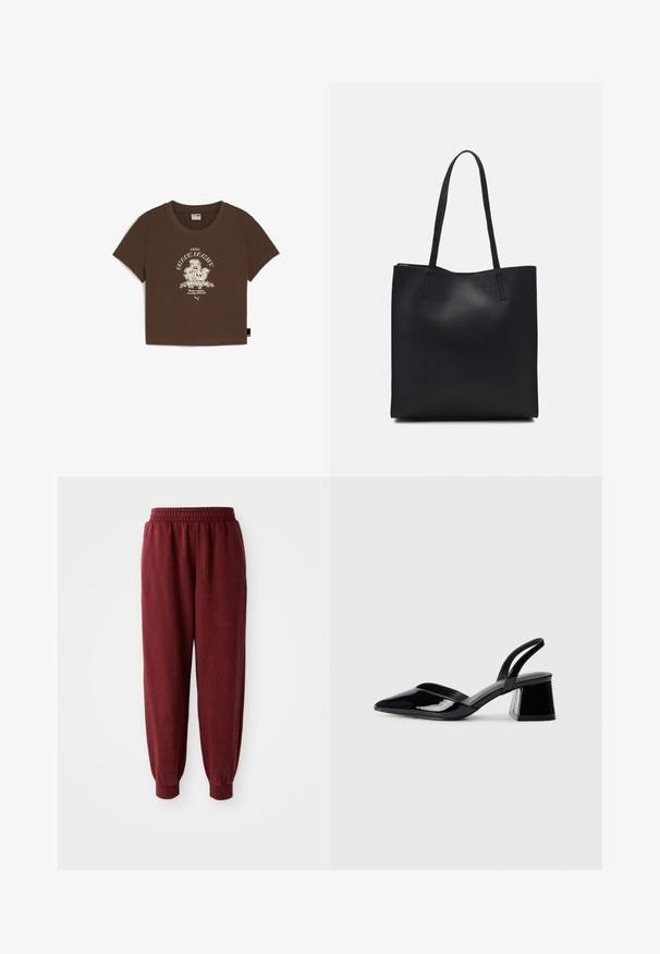 Braunes Baumwoll-Cropped-T-Shirt mit einem weißen Grafikdruck, auf dem der Text "SNACK FAMILY" und Cartoon-Designs zu sehen sind. Kurze Ärmel und ein runder Halsausschnitt.; Burgunderfarbene Jogginghose mit elastischem Bund und elastischen Bündchen. Glatte Textur und lockere Passform. Keine sichtbaren Muster oder Hardware-Details.; Schwarze Lackleder-Slingback-High Heels mit spitzem Schuh und einem geometrischen Blockabsatz. Verfügt über ein schlankes, minimalistisches Design und eine glatte Textur.; Schwarze Laptoptasche aus Leder mit glatter Textur, rechteckiger Form und zwei langen Griffen. Keine sichtbaren Beschläge oder Verzierungen.