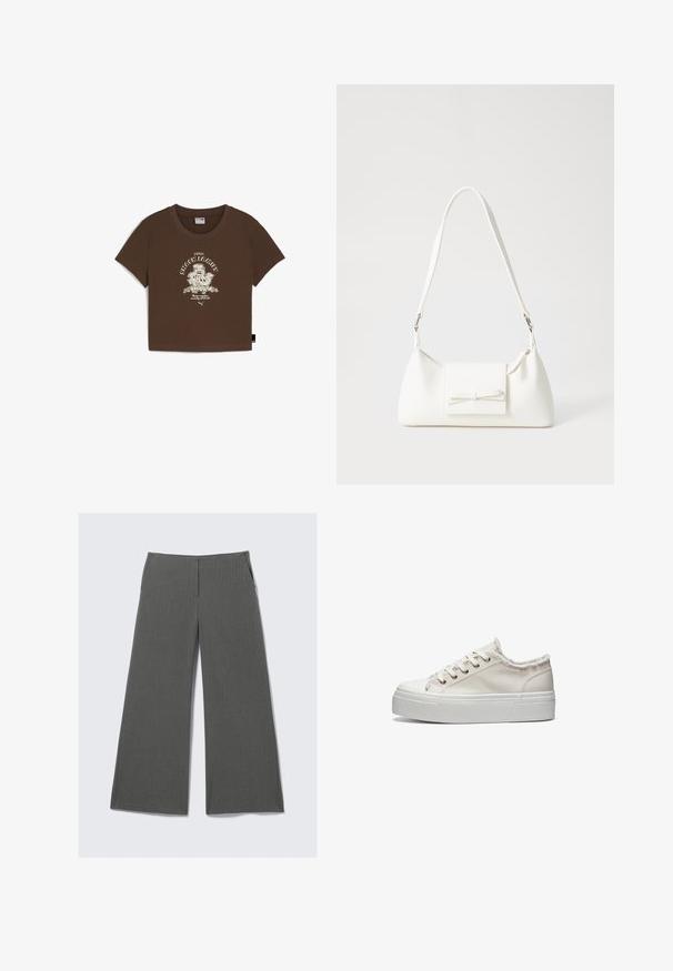 Brown cotton cropped t-shirt featuring a white graphic print with "SNACK FAMILY" text and cartoon designs. Short sleeves and a round neckline.; Grey wide-leg trousers with a subtle pinstripe pattern, featuring two side pockets and a smooth waistband design.; White canvas sneakers with a textured platform sole, featuring a fuzzy textile trim around the opening and metal eyelets for laces.; White synthetic handbag with a triangular shape, flat front flap and bow detail, adjustable strap, smooth texture, and minimalistic design.