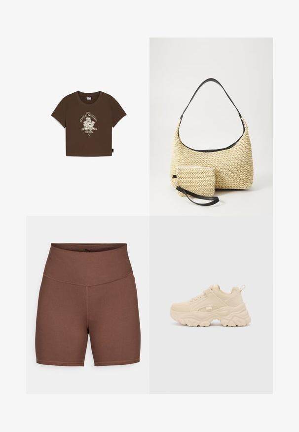Barna pamut cropped t-shirt, fehér grafikával, amelyen a "SNACK FAMILY" felirat és karikatúrák láthatók. Rövid ujjú és kerek nyakú.; Puma TRAIN SHORT - Leggingek - espresso brown; Buffalo GALACTICA - Sportcipő - cream; Fonott szalmakézi táska ívelt sziluettel, sima fekete bőrszíjjal és egy hozzá illő, csuklószíjjal rögzített kis tasakkal.