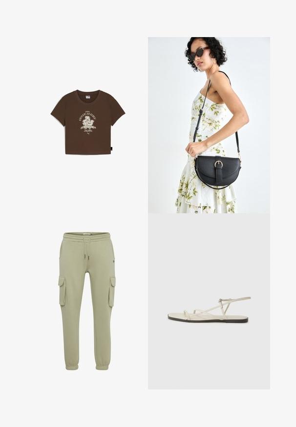 Brown cotton cropped t-shirt featuring a white graphic print with "SNACK FAMILY" text and cartoon designs. Short sleeves and a round neckline.; Light green cargo sweatpants made of soft fabric, featuring side pockets, elasticated cuffs, and a drawstring waist for adjustable fit.; Beige flat sandal with multiple slender straps and an adjustable buckle. The sole is flat with a slight dark contrast at the edge.; Black leather handbag with a curved shape, detachable strap, and gold hardware. The bag features a flap with a buckle detail.; Silver double-band ring with a smooth, polished surface. Features a fluid, curved design with overlapping sections for a modern look.