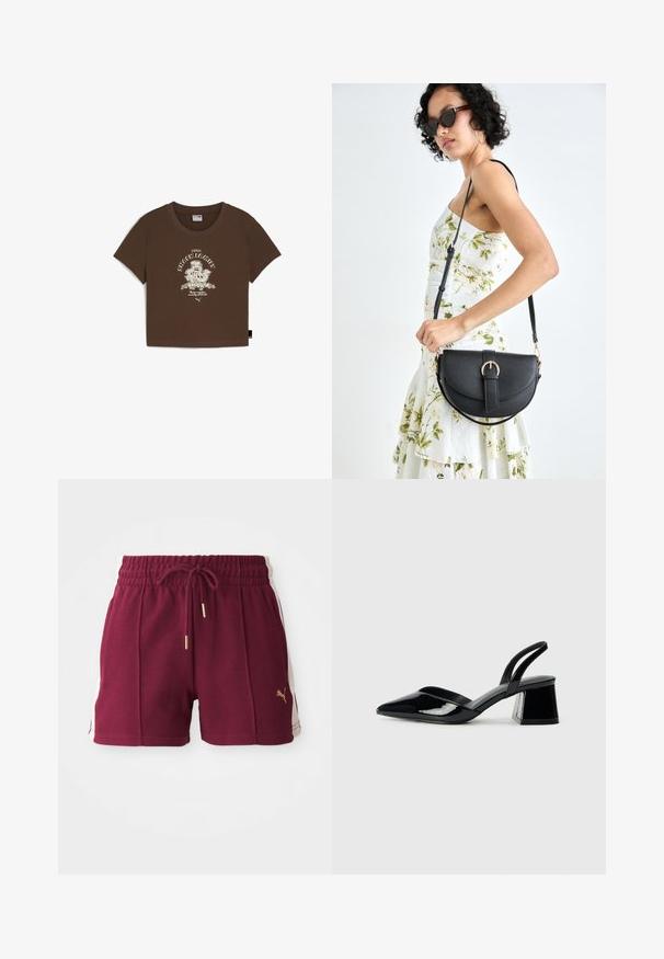 Brown cotton cropped t-shirt featuring a white graphic print with "SNACK FAMILY" text and cartoon designs. Short sleeves and a round neckline.; Maroon athletic shorts with a textured fabric, elastic waistband, drawstring, and cream side panels featuring a gold logo detail.; Black patent leather slingback heels with a pointed toe and a geometric block heel. Features a sleek, minimal design and smooth texture.; Black leather handbag with a curved shape, detachable strap, and gold hardware. The bag features a flap with a buckle detail.