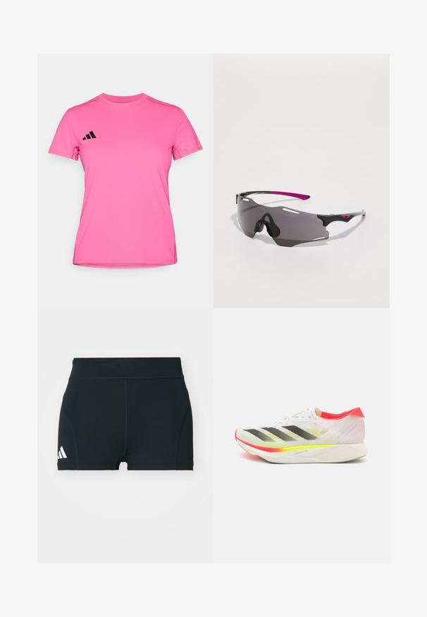 Ružičasta atletska majica napravljena od lagane tkanine. Ima kratke rukave, okrugli izrez i crni logo s tri pruge na lijevom ramenu.; Crne atletske kratke hlače od rastezljivog materijala, s visokim strukom, prilagođenim oblikom i bijelim Adidas logotipom sa lijeve strane.; Sportska obuća s bijelim mrežastim gornjim dijelom, crnim trakama, neon žutim i ružičastim akcentima, te laganim bijelim potplatom označenim "LIGHTSTRIKE PRO."; Sportske sunčane naočale s elegantnim crnim okvirom, ljubičastim naglascima i tamnim staklima. Imaju dizajn koji obuhvaća lice s ventilacijskim otvorima.