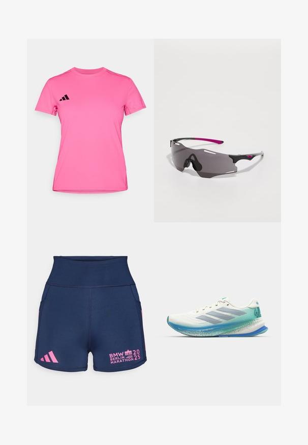 Roosa spordipoliis, mis on valmistatud kergest kangast. Omab lühikesi varrukaid, ümarat kaelust ning musta kolme triibu logo vasakul õlal.; adidas Performance BER25 SHORT THIGHTS - Lühikesed jooksupüksid - collegiate navy; Valge jooksujalats, millel on hingav võrkmaterjal, helesinine vaheosa ja türkiissinine aksessuaar. Omab elegantsest disainist ja tekstureeritud tallast.; Spordiprillid saleda musta raamiga, lilla aktsentidega ja tumedate toonitud läätsedega. Omavad ümbritsevat disaini ventilatsiooniavadega.