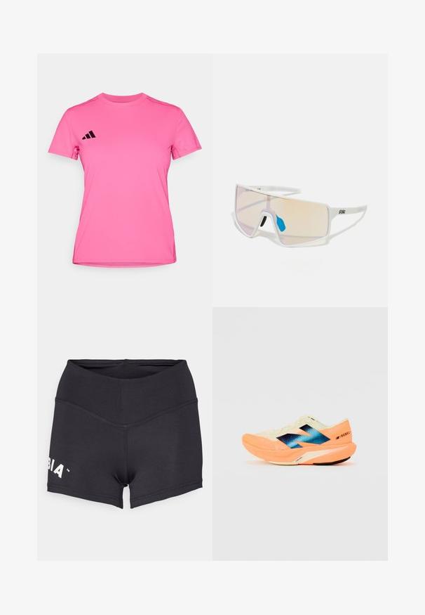 Rožinė sportinė marškinė, pagaminta iš lengvos medžiagos. Turi trumpas rankoves, apvalų kaklą ir juodą trijų juostelių logotipą ant kairiojo peties.; Juodi sportiniai šortai, pagaminti iš elastingos medžiagos, su aukštu juosmeniu ir logotipu kairėje pusėje. Sklandus paviršius ir prigludusi forma.; Bėgimo bateliai su lengvu kreminiu viršumi, mėlynu ženklinimu ir oranžiniais akcentais ant pado. Tinklelis, užtikrinantis kvėpavimą.; Baltos rėmeliais akiniai nuo saulės su dideliais gradientiniais lęšiais, turinčiais rožinį ir šviesiai oranžinį atspalvį, pabrėžti mėlynos spalvos nosies dalimi ir logotipo detale.; Fitneso pirštinės su šviesiai rožiniu ir juodu dizainu, pagamintos iš kvėpuojančios medžiagos, su reguliuojamu riešo dirželiu ir tekstūruotais sukibimo akcentais.