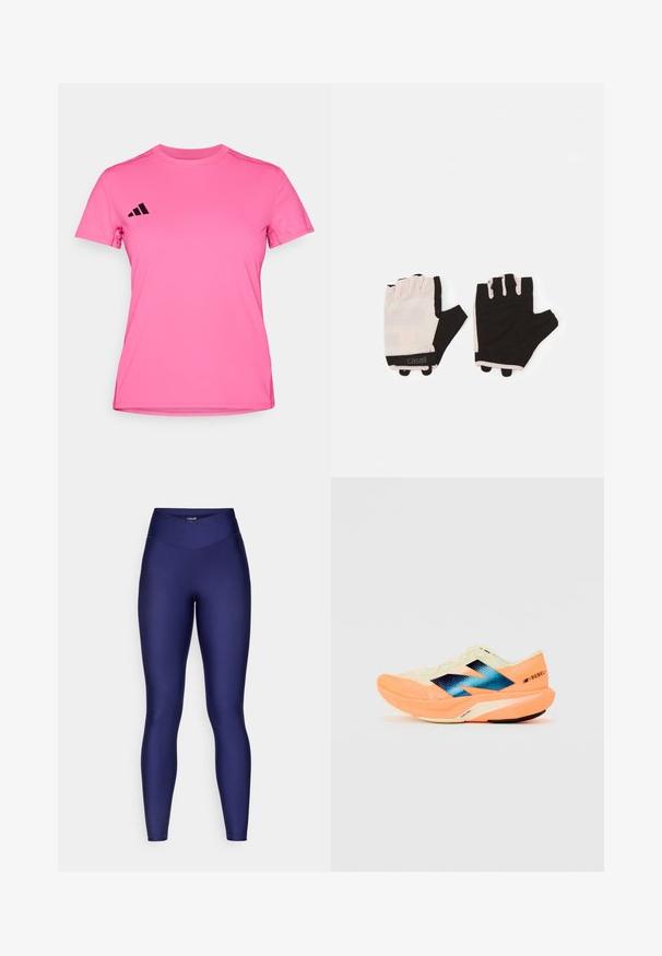 Rožinė sportinė marškinė, pagaminta iš lengvos medžiagos. Turi trumpas rankoves, apvalų kaklą ir juodą trijų juostelių logotipą ant kairiojo peties.; Tamsiai mėlynos aukštu liemeniu legging'os, pagamintos iš lygios, elastingos medžiagos su siūlėmis, suteikiančiomis elegantišką, prigludusią siluetą nuo liemens iki kulkšnies.; Bėgimo bateliai su lengvu kreminiu viršumi, mėlynu ženklinimu ir oranžiniais akcentais ant pado. Tinklelis, užtikrinantis kvėpavimą.; Fitneso pirštinės su šviesiai rožiniu ir juodu dizainu, pagamintos iš kvėpuojančios medžiagos, su reguliuojamu riešo dirželiu ir tekstūruotais sukibimo akcentais.