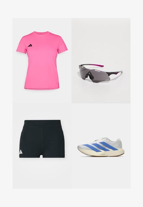 Roze sport t-shirt gemaakt van lichtgewicht stof. Heeft korte mouwen, een ronde hals en een zwart logo met drie strepen op de linkerschouder.; Zwarte sportieve shorts van rekbaar materiaal, met een hoge tailleband, aangesloten pasvorm en een wit Adidas-logo aan de linkerkant.; Witte sportschoen met blauwe strepen, geztructureerde bovenkant, platte zool en "LIGHTSTRIKE PRO" branding aan de zijkant. Laag profiel ontwerp.; Sportzonnebril met een slank zwart frame, paarse accenten en donker getinte lenzen. Heeft een wraparound ontwerp met ventilatiesleuven.