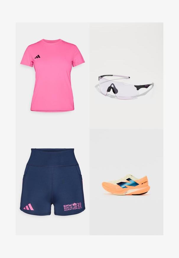 Pink athletic t-shirt made of lightweight fabric. Features short sleeves, a crew neck, and a black three-stripe logo on the left shoulder.; adidas Performance BER25 SHORT THIGHTS - Short running tights - collegiate navy; Running shoe with a lightweight cream upper, blue branding, and orange accents on the sole. Mesh texture for breathability.; Sports sunglasses with a durable black and pink design, featuring a frameless shape and clear, slightly tinted lenses. Rubber accents included.