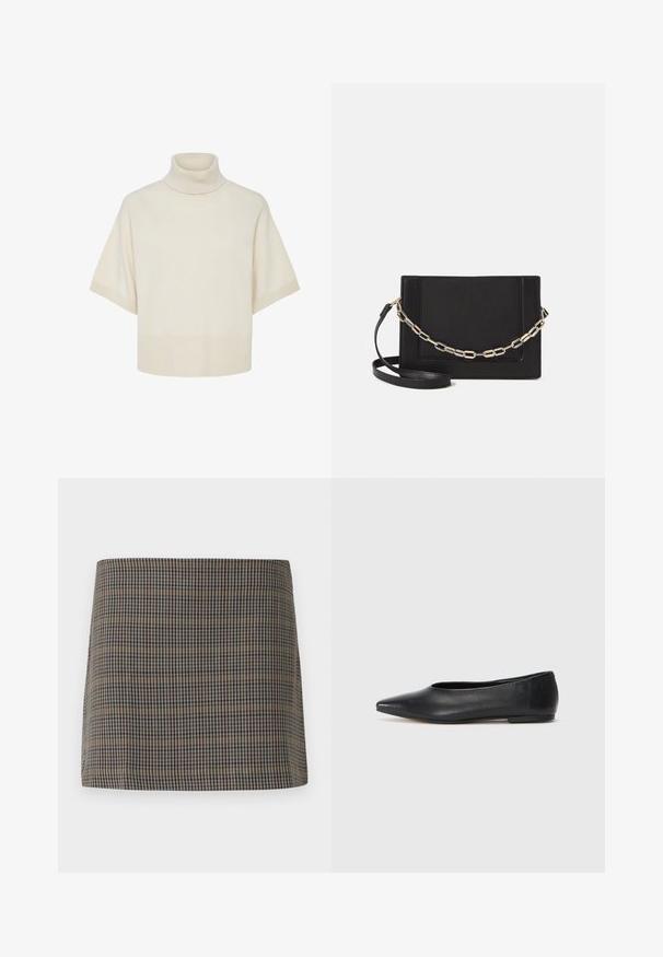 Pull à col roulé en crème, manches courtes, poignets et ourlet côtelés, tissu à maille douce, coupe ample, design minimaliste sans motifs visibles.; Jupe mini à motif damier présentant des tons marron, beige et marine, avec une texture lisse et une coupe droite, conçue sans fermetures visibles.; Ballerines noires en cuir, à bout pointu, design minimaliste, texture lisse, talon bas, sans matériel ni embellissements visibles.; Sac bandoulière en cuir noir avec une texture lisse, de forme rectangulaire et un détail en chaîne métallique à l'avant. Sangle réglable incluse.