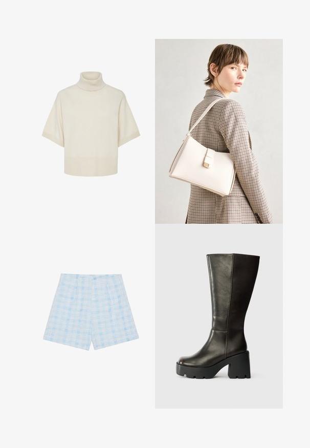 Tejfehér garbó pulóver, rövid ujjak, bordázott mandzsetták és alsó rész, puha kötött anyag, laza fazon, minimalista design, látható minták nélkül.; Világoskék kockás sort, texturált anyagból készült, laza fazonú, ráadásul pliszekkel díszített.; Barna bőr térd fölé érő csizma lekerekített orral, vastag fekete platformmal és tömbtalppal. Simább felülettel és minimális varrási részletekkel rendelkezik.; Fehér bőr táska strukturált dizájnnal, mágneses záródással és vállpánttal, semleges háttér előtt bemutatva.