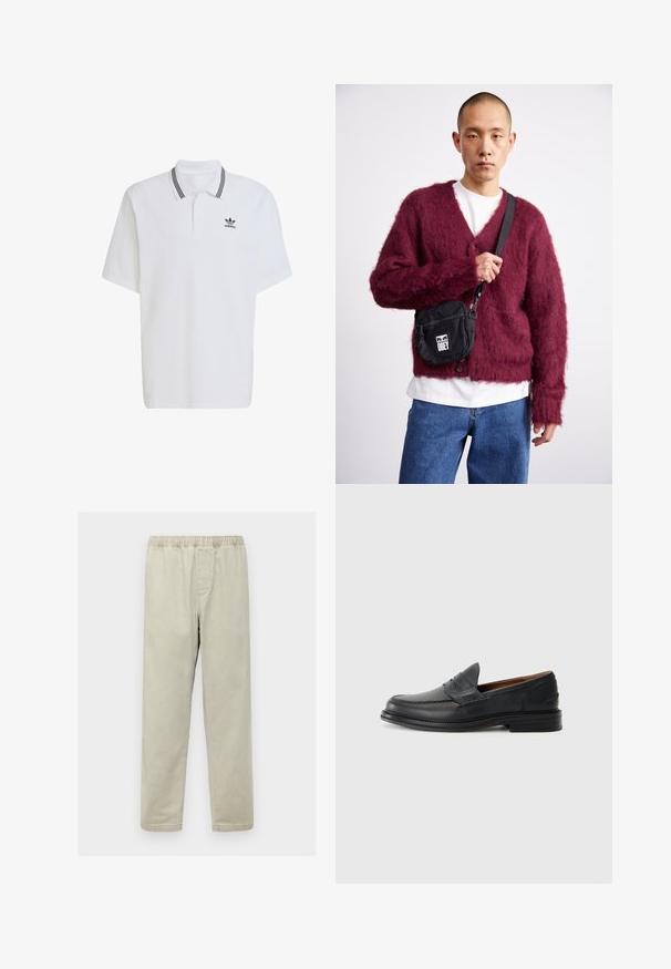 Biała koszulka polo wykonana z bawełny, z żebrowanym kołnierzykiem z czarnymi paskami i małym czarnym logo po lewej stronie na piersi. Krótkie rękawy.; Jasno beżowe spodnie dresowe ze stretchu, z elastycznym paskiem w talii, prostymi nogawkami, bocznymi kieszeniami oraz miękką, gładką teksturą materiału.; Czarne skórzane mokasyny z haftem, okrągłym noskiem, niskim piętem na stoku i stylem wsuwanym. Gładka tekstura z delikatnym połyskiem.; Burgundowa puszysta kardigan z dekoltem w serek i guzikami, noszona na białej koszuli. Do niej przypięta jest czarna torebka na ramię z logo "OBEY".