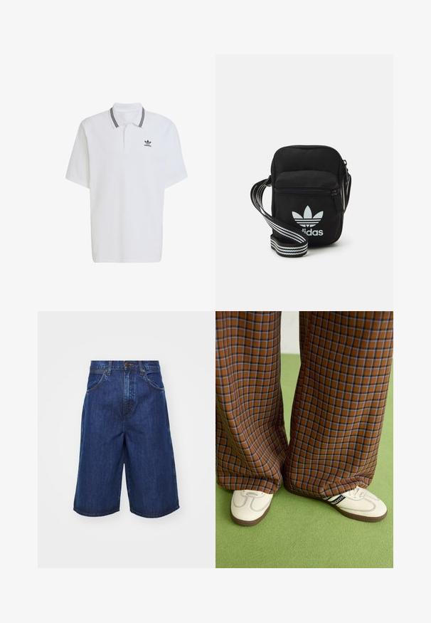 Biała koszulka polo wykonana z bawełny, z żebrowanym kołnierzykiem z czarnymi paskami i małym czarnym logo po lewej stronie na piersi. Krótkie rękawy.; Jeansowe szorty w ciemnoniebieskim kolorze, o luźnym kroju, z dużymi bocznymi kieszeniami oraz widocznymi detalami przeszyć. Średni stan z zapięciem na guzik.; Brązowo-niebieskie spódnice w kratę o szerokich nogawkach zestawione z białymi butami z czarnymi akcentami i teksturowaną podeszwą, na tle zielonego tła.; Czarna torba crossbody wykonana z materiału, z zamknięciem na zamek błyskawiczny, z białym logo Adidas oraz regulowanym paskiem w paski, co ułatwia noszenie.