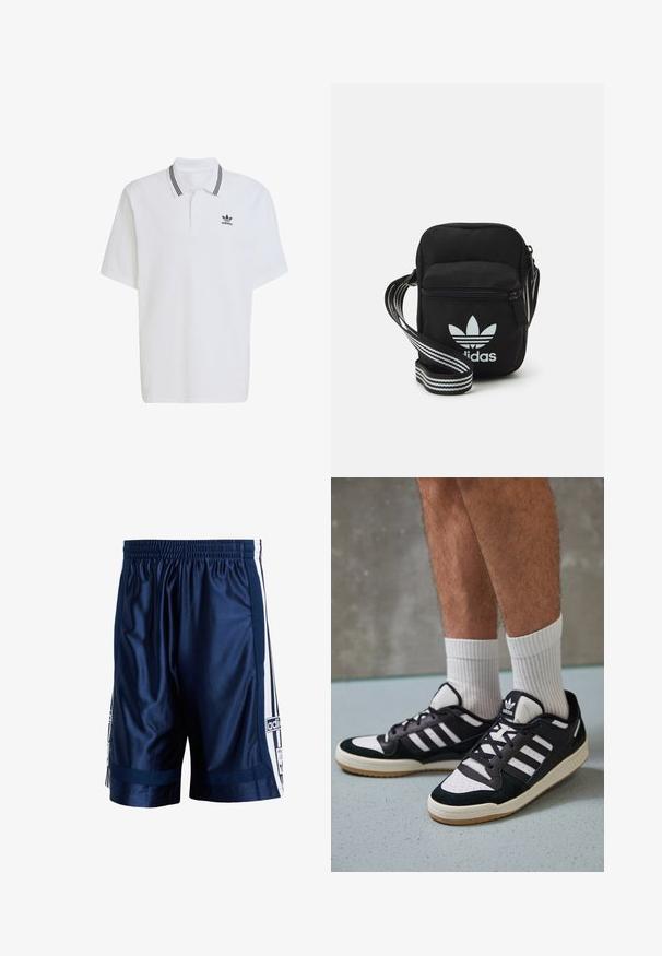 Hvit polo skjorte laget av bomull, med en ribbestrikket krage med svarte striper og en liten svart logo på venstre bryst. Korte ermer.; Marineblå treningsshorts i blankt stoff, med hvite sidestriper og et mesh-panel. Elastisk liv for justerbar passform.; Sorte og hvite sneakers med overdel i semsket skinn og lær, med tre hvite striper, perforert tå og en såle av gummi.; Svart stoff crossbody veske med glidelås, med en hvit Adidas-logo og enstripet justerbar stropp for enkel bæring.