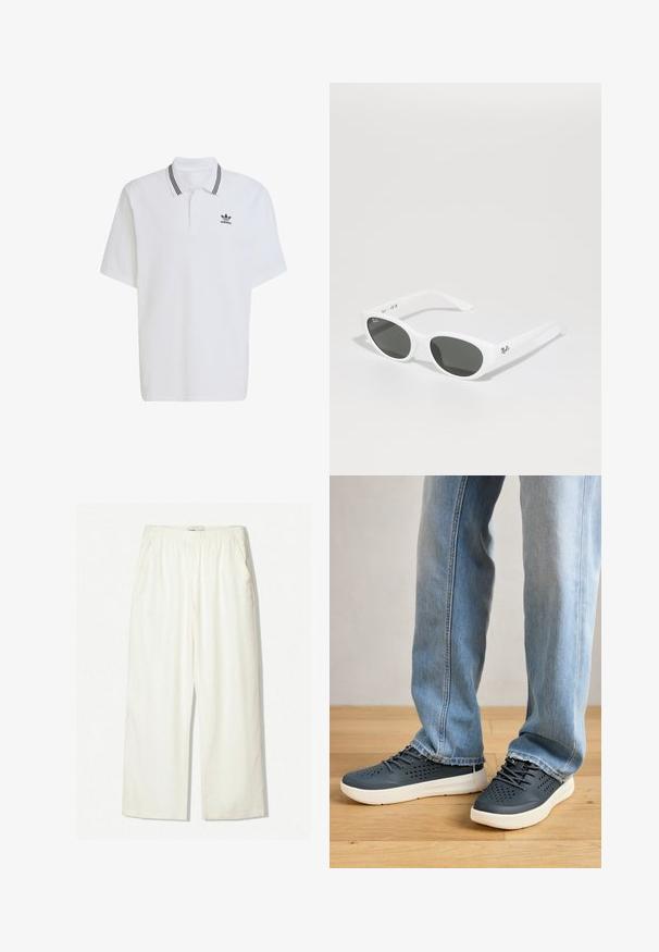 Biała koszulka polo wykonana z bawełny, z żebrowanym kołnierzykiem z czarnymi paskami i małym czarnym logo po lewej stronie na piersi. Krótkie rękawy.; Białe spodnie o szerokich nogawkach z lekkiego materiału. Posiadają elastyczny pas oraz boczne kieszenie, a ich powierzchnia jest gładka, lekko teksturowana.; Szare buty sportowe z perforowanym wykończeniem i białą podeszwą, zestawione z jasnoniebieskimi dżinsami, stojące na drewnianej podłodze.; Białe okulary przeciwsłoneczne z zaokrąglonymi oprawkami i ciemnymi soczewkami. Wyróżniają się gładką plastikową teksturą i małym logo na zausznicy.
