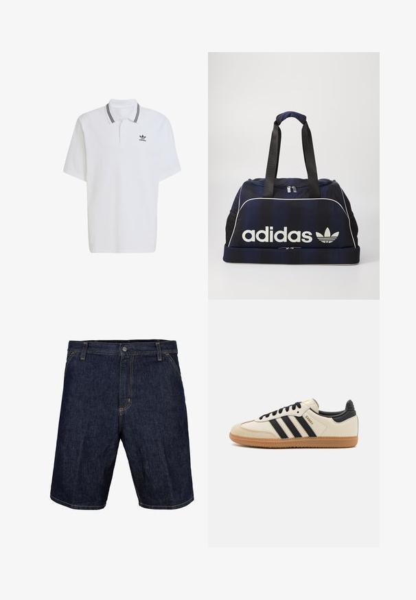 Vit polo skjorta i bomull, med ribbad krage med svarta ränder och en liten svart logotyp på vänster bröst. Korta ärmar.; Jeansshorts i mörkblått med gul sömnad, med en framknapp, bälteshällor och sidofickor. Slät textur, knälång design.; Beige idrottssko med svarta ränder, gummigummi-sula och svarta detaljer. Har en slät läderöverdel och en rundad tåkonstruktion.; Marinblå duffelväska med vit Adidas-logga, med dragkedja i toppen, två robusta svarta handtag och sidofickor i nät. Slät tygtextur.