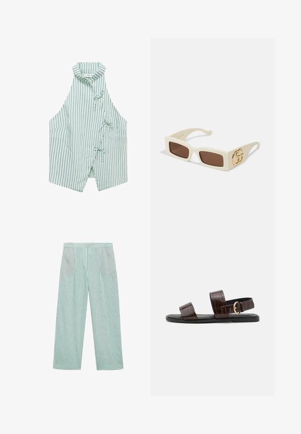 Ljusgrön ärmlös väst med marinblå vertikala ränder, en mandarin-krage och tre band framtill. Mjuk tyg med en slät yta.; Ljust gröna vide byxor med vertikala mörka ränder, elastisk midja och slät textur. Inga fickor eller ytterligare dekorationer.; Brun krokodilprövad lädersandal med två breda remmar och en guldspänne, med en platt svart sula.; Vita rektangulära solglasögon med bruna linser. Har en framträdande gyllene GG-logotyp på sidan. Tillverkade av strukturerad plast.