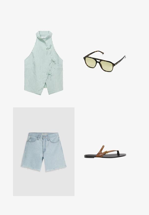 Lys grøn ærmeløs vest med marineblå lodrette striber, en mandarin krave og tre snore foran. Blødt stof med en glat tekstur.; Lyseblå denimshorts med frynset kant, fire lommer og lynlåslukning; har subtil falming og sølvfarvet hardware.; Brune læder flip-flop sandal med guld spænde detalje, flad sort sål og minimalistisk design, som har en glat tekstur.; Skildpaddemønstrede solbriller med rektangulær form, grønfarvede linser og mønstrede acetatstel. Har metaldetaljer nær linserne.