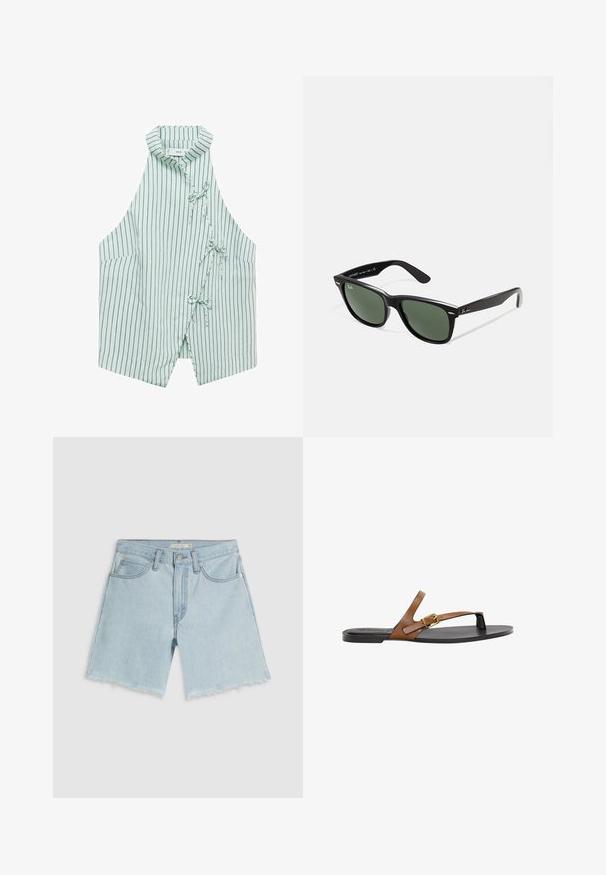 Jasnozielona kamizelka bez rękawów w granatowe pionowe paski, z kołnierzykiem mandarynkowym i trzema sznurkami z przodu. Miękka tkanina o gładkiej fakturze.; Jasnoniebieskie szorty jeansowe z postrzępionym wykończeniem, czterema kieszeniami i zapinane na zamek; cechują się subtelnym wyblaknięciem i srebrnym wykończeniem sprzętowym.; Sandały na płaskiej podeszwie z brązowej skóry z detalem w postaci złotej klamry, o minimalistycznym designie i gładkiej teksturze.; Czarne plastikowe okulary przeciwsłoneczne z zielonymi szkłami, kwadratowe oprawki, srebrny akcent na brwi oraz fakturowane ramiona temple. Nazwa marki podana na wewnętrznej stronie ramion.